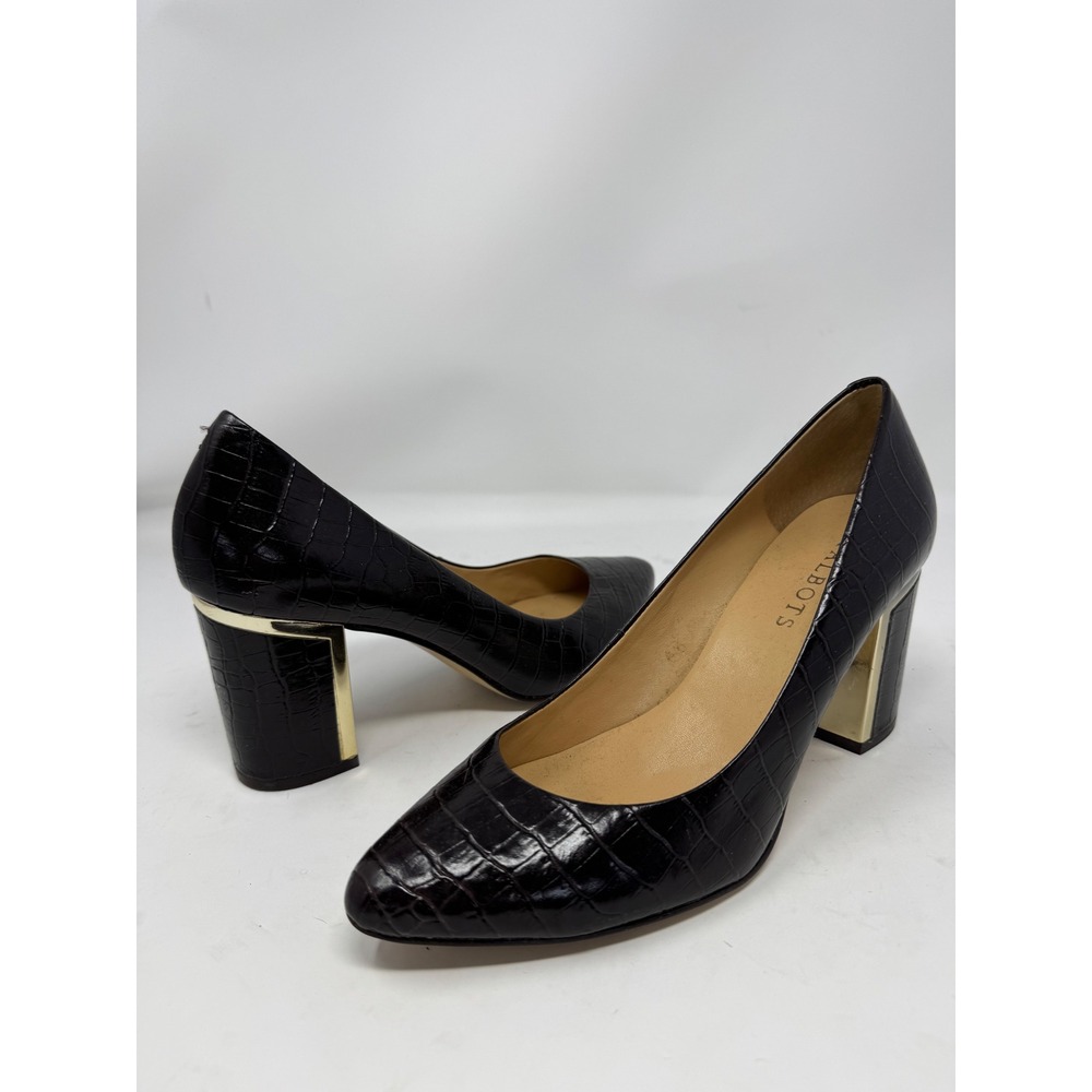 Talbots Brown Croc Embossed Leather Block Heel Pumps Gold Detail Pointed Toe 7M